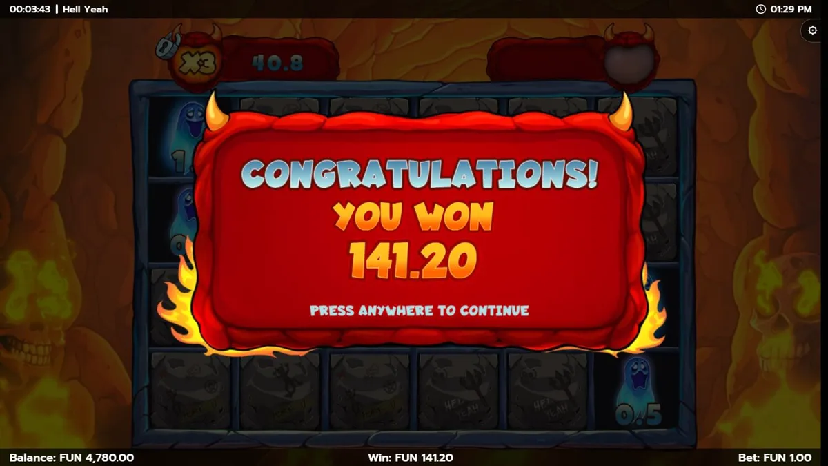 Hell Yeah slot machine interface with neon underworld theme